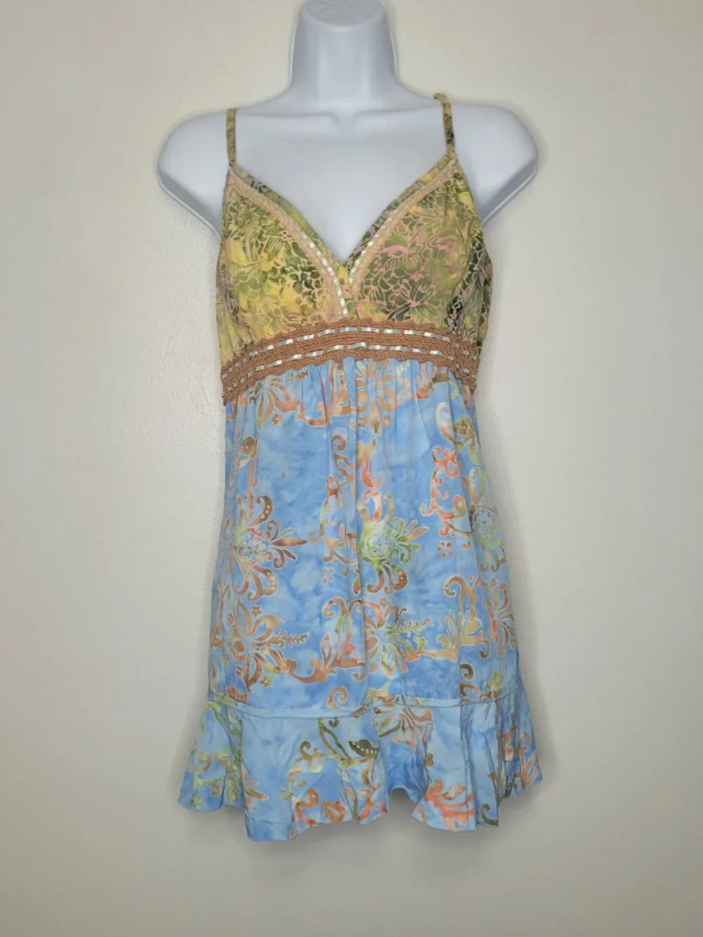 Tan blue mixed print artsy boho babydoll vacation mini dress